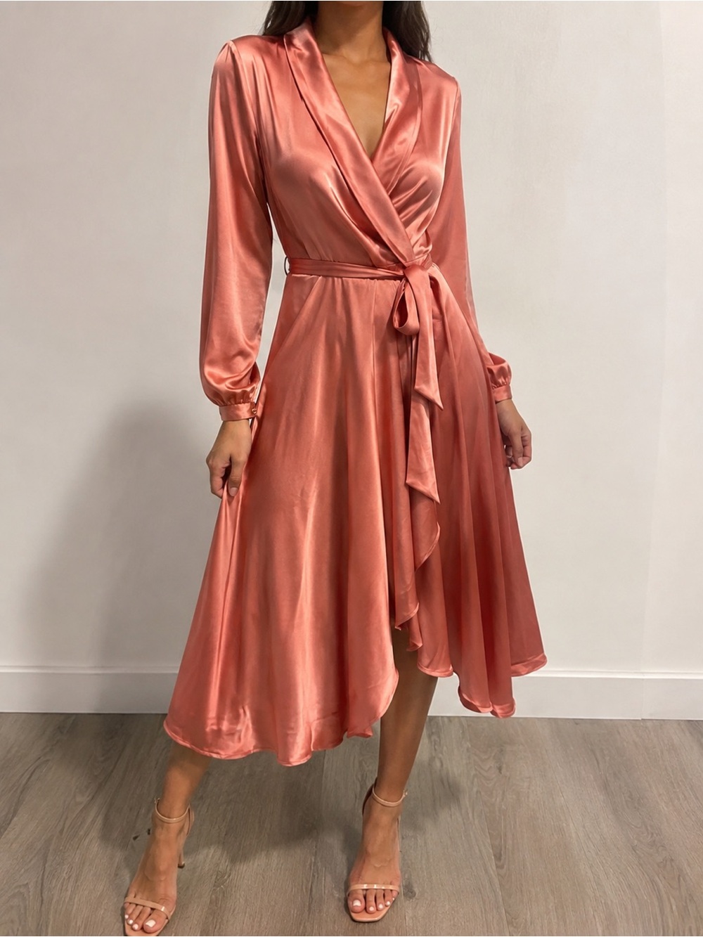 NWT Nasty Gal Dusty Rose Satin Wrap Midi Dress Asymmetrical Hem